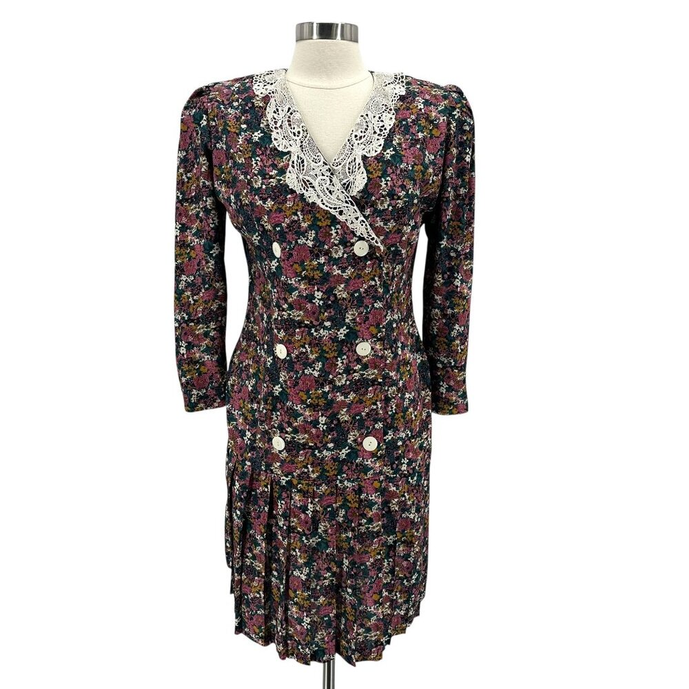 Vintage Phoebe Petites Womens 10P Dress Floral Multicolor Lace Cottage 1980s
